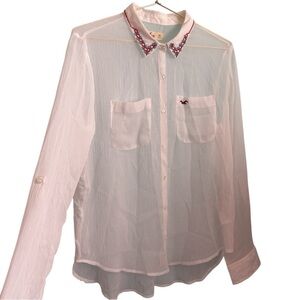 5for20 Hollister sheer white high low button down blouse w/ beaded collar